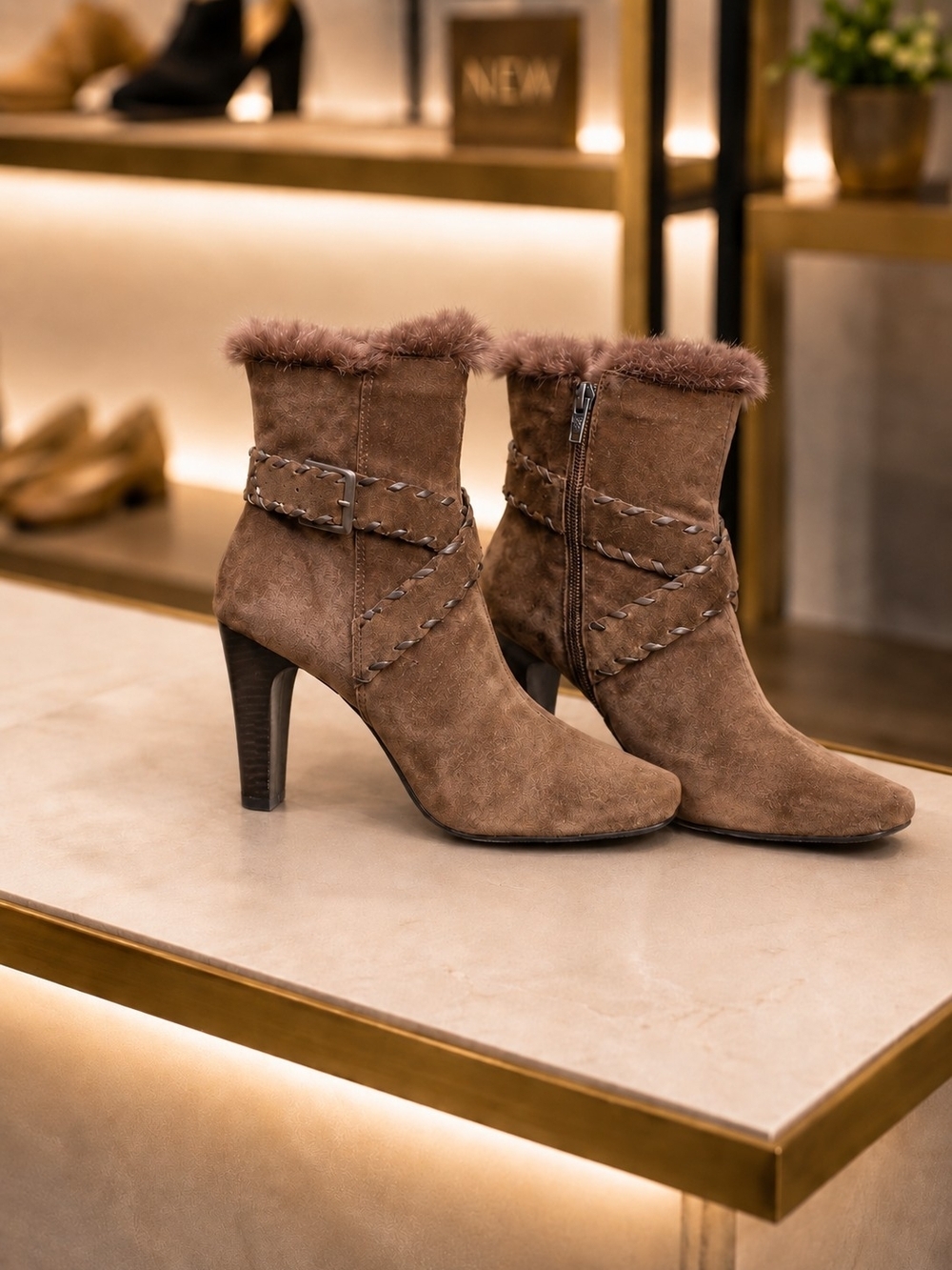 Apostrophe Vintage Brown Suede Faux Fur Trim Ankle Boots Size 7